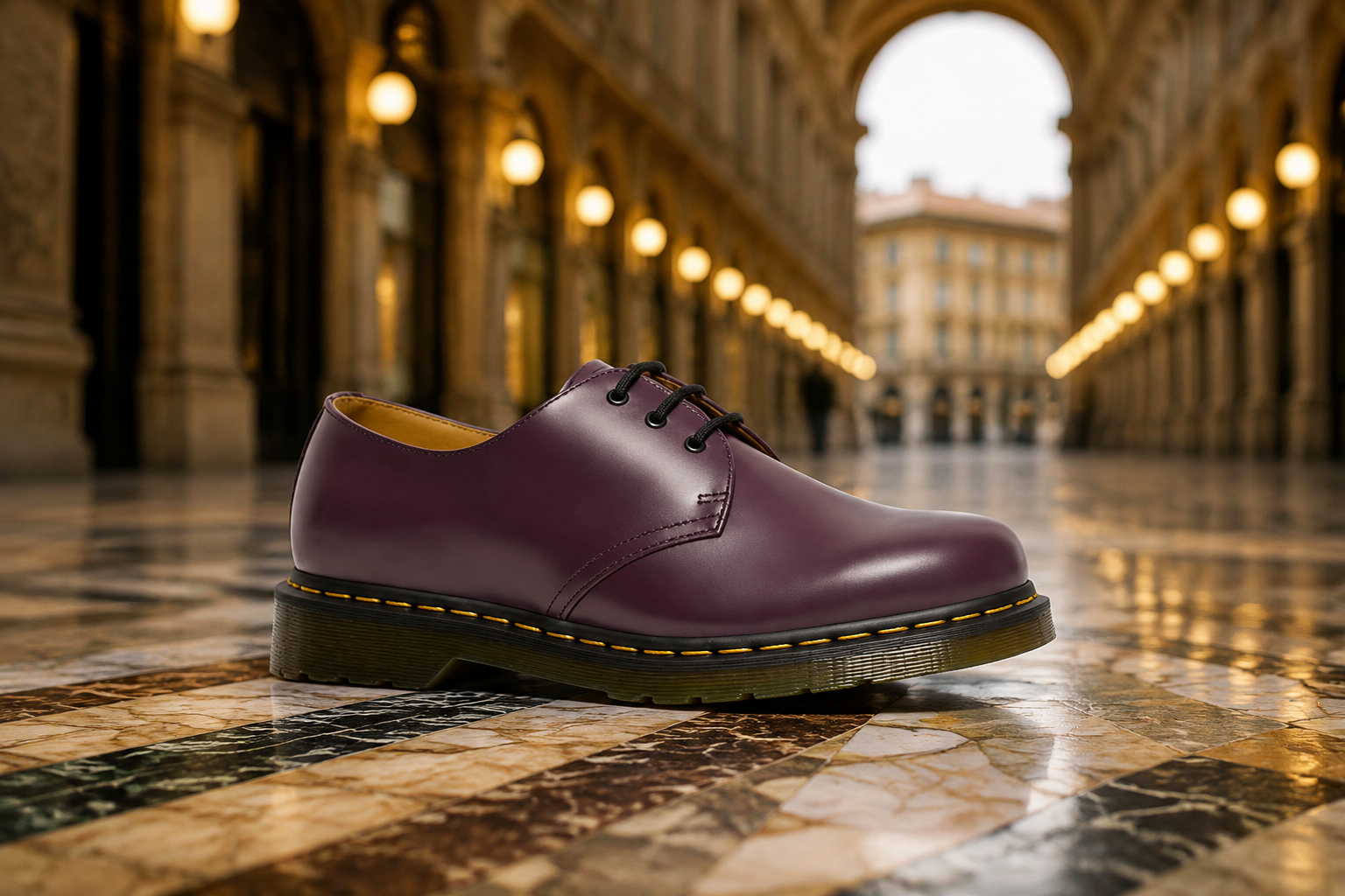 Scarpa bassa viola in pelle sotto un portico italiano, priva di marchi visibili