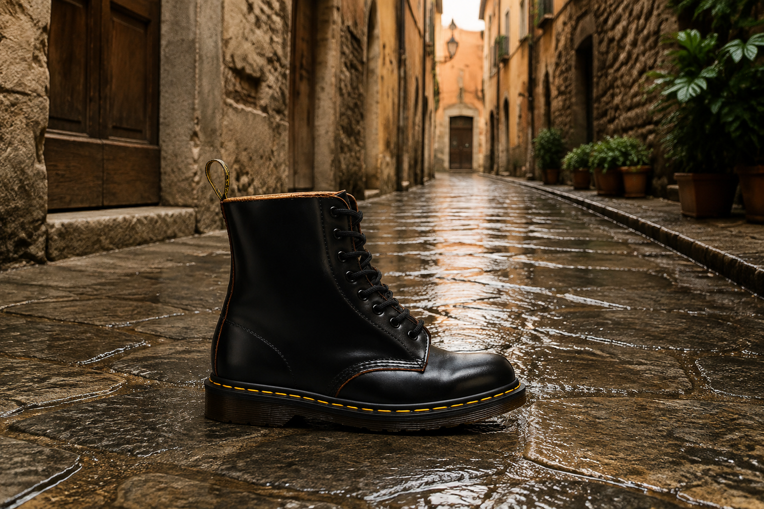 Stivale nero a otto occhielli su una strada italiana bagnata, senza logo